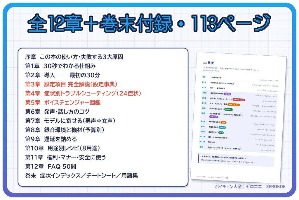 ボイチェン大全【EN / ESP / 中文 / 한국어】|ボイスチェンジャー解説書・攻略本/RVC・Beatrice・VCClient対応(ソフト非依存)/設定解説・遅延/ノイズ対策/症状別トラブルシューティング/男声⇔女声の性別変換/マイク・機材選び/VRChat・配信・ASMR/FAQ50問・全12章+付録/無料