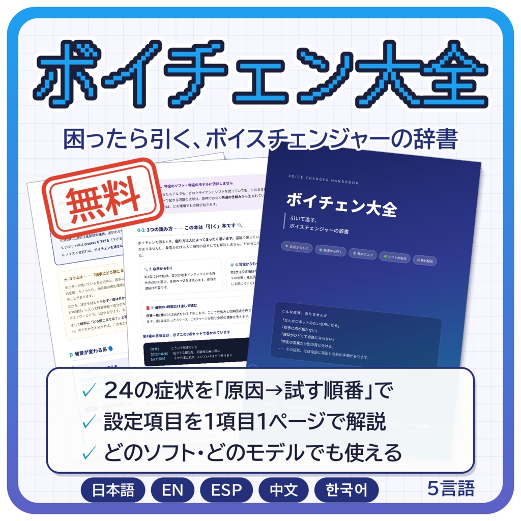 ボイチェン大全【EN / ESP / 中文 / 한국어】｜ボイスチェンジャー解説書・攻略本／RVC・Beatrice・VCClient対応(ソフト非依存)／設定解説・遅延/ノイズ対策／症状別トラブルシューティング／男声⇔女声の性別変換／マイク・機材選び／VRChat・配信・ASMR／FAQ50問・全12章＋付録／無料