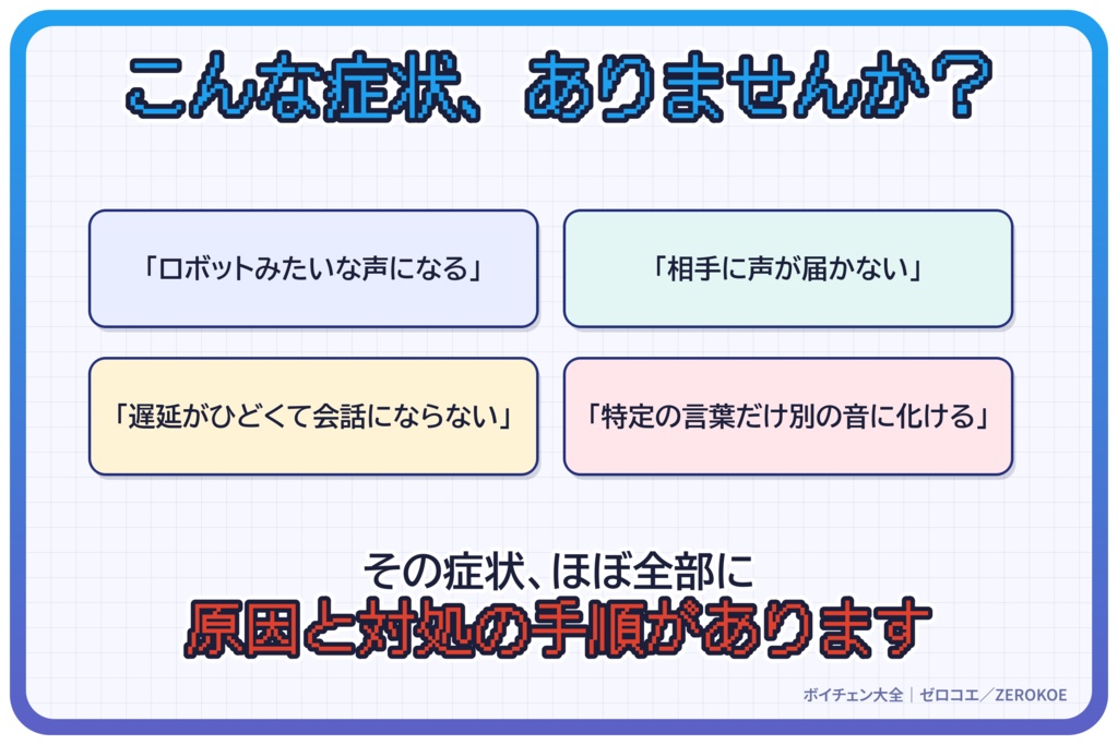 ボイチェン大全【EN / ESP / 中文 / 한국어】|ボイスチェンジャー解説書・攻略本/RVC・Beatrice・VCClient対応(ソフト非依存)/設定解説・遅延/ノイズ対策/症状別トラブルシューティング/男声⇔女声の性別変換/マイク・機材選び/VRChat・配信・ASMR/FAQ50問・全12章+付録/無料