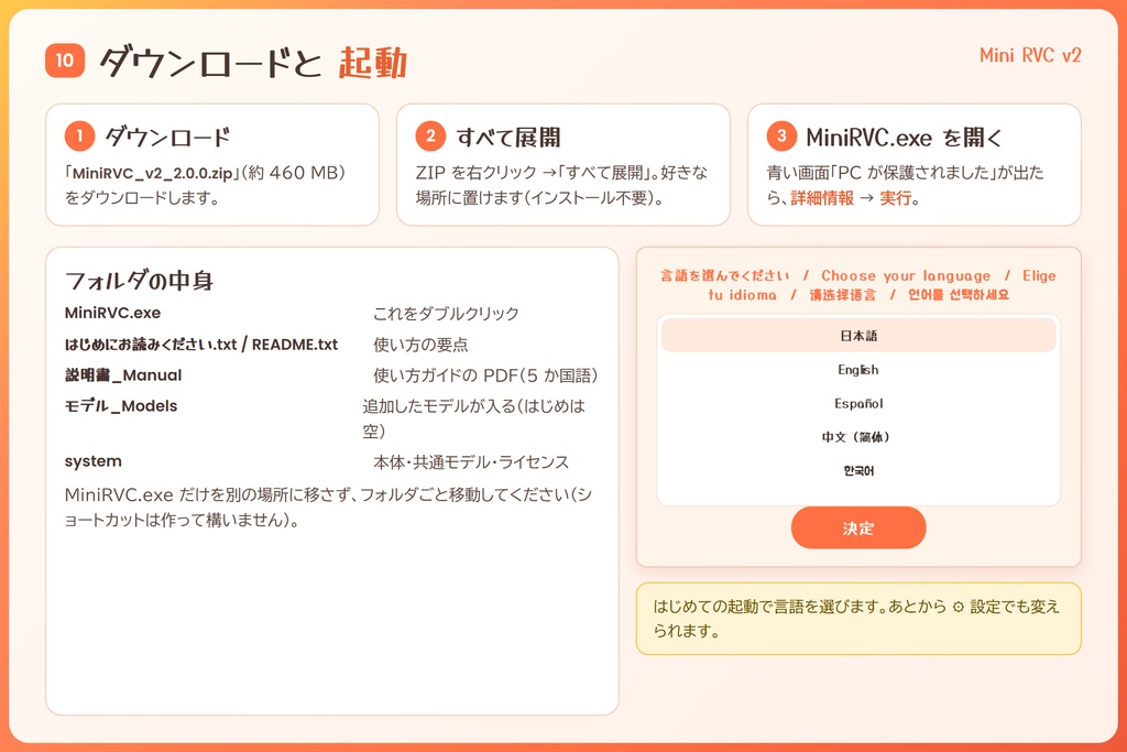 CPUでも動く軽量RVCクライアント / いちばん簡単なRVCボイチェン『Mini RVC v2』/ ダブルクリックで起動・インストール不要 / GPUなしでもOK / 🌍EN・ESP・中文・한국어