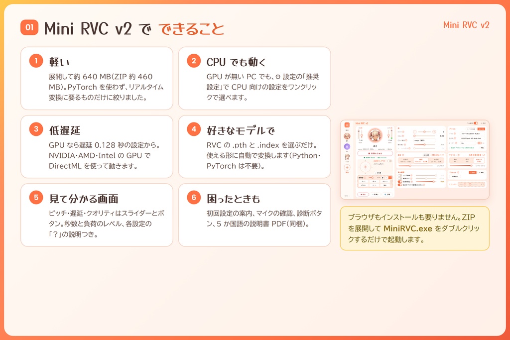 CPUでも動く軽量RVCクライアント / いちばん簡単なRVCボイチェン『Mini RVC v2』/ ダブルクリックで起動・インストール不要 / GPUなしでもOK / 🌍EN・ESP・中文・한국어