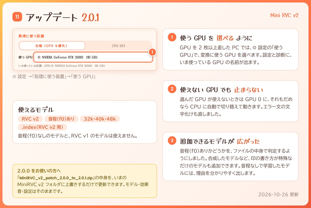 CPUでも動く軽量RVCクライアント / いちばん簡単なRVCボイチェン『Mini RVC v2』/ ダブルクリックで起動・インストール不要 / GPUなしでもOK / 🌍EN・ESP・中文・한국어