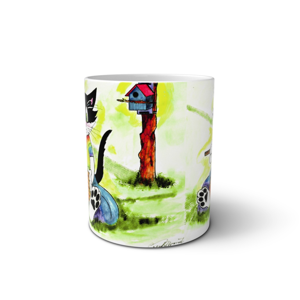 小鳥の巣箱をつくる猫