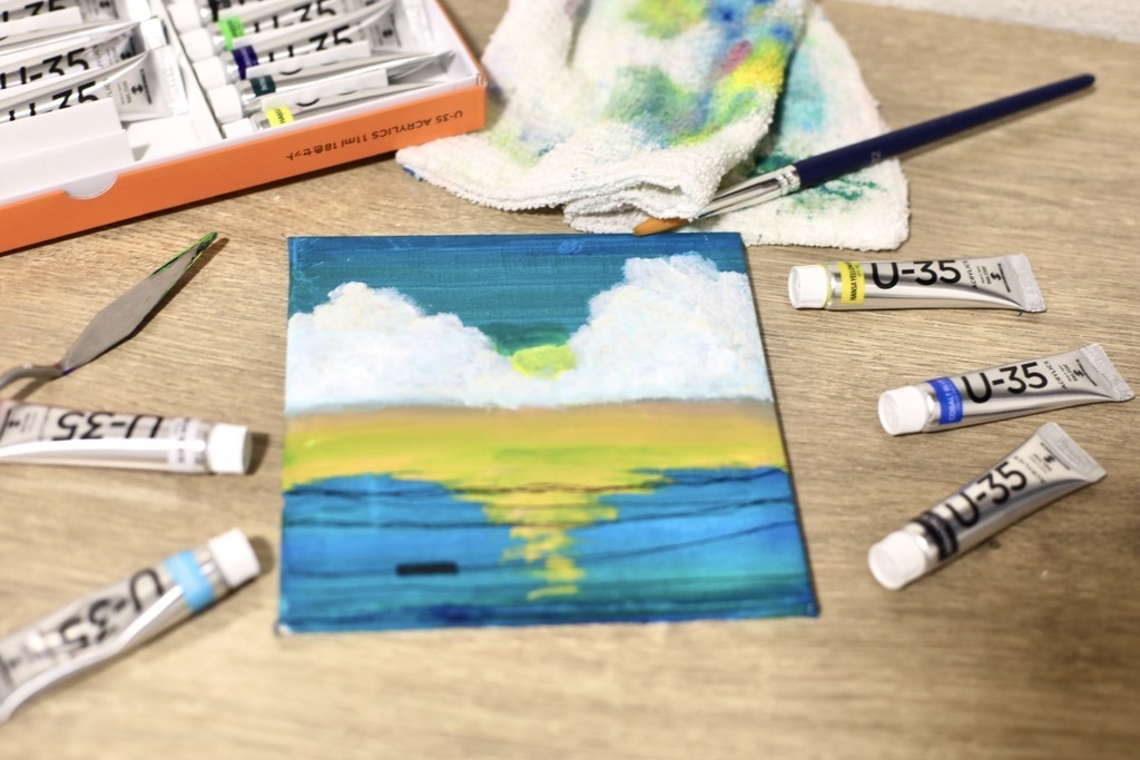 沈む夕日（アクリル画）