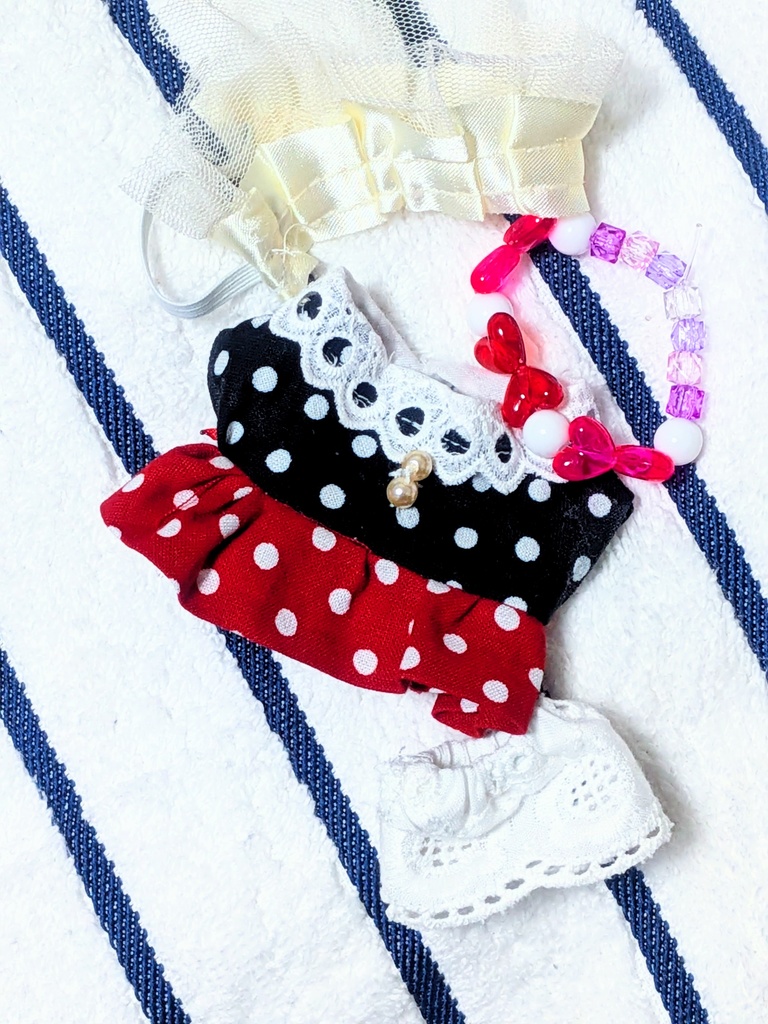 【10-12cmぬい服】バックリボンのドット切り返しワンピース【ハンドメイド】