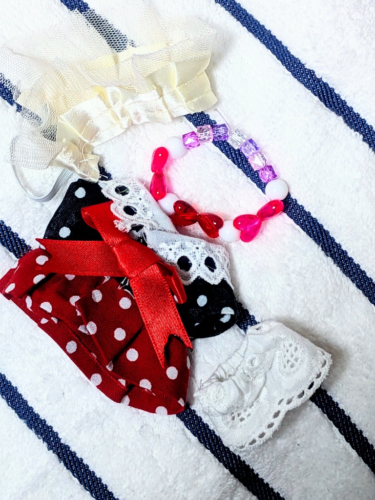 【10-12cmぬい服】バックリボンのドット切り返しワンピース【ハンドメイド】