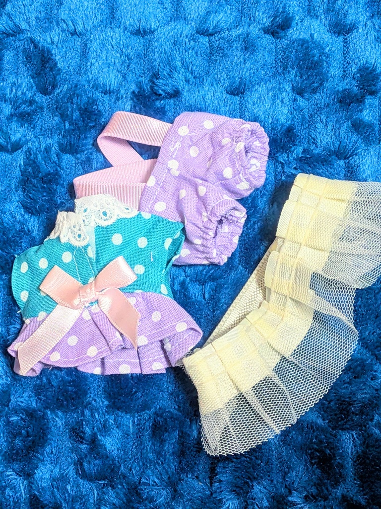 【10-12cmぬい服】新作夏色!バックリボンの切り返しドットワンピース【ハンドメイド】
