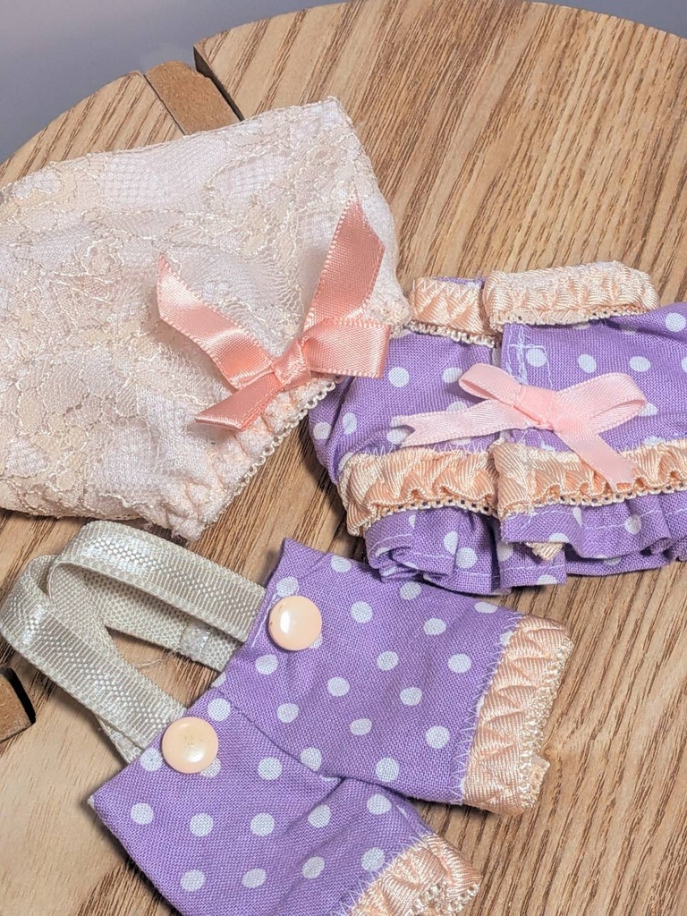 【16cmぬい用】ドットフリルのルームウェア(パープル)【ハンドメイド】