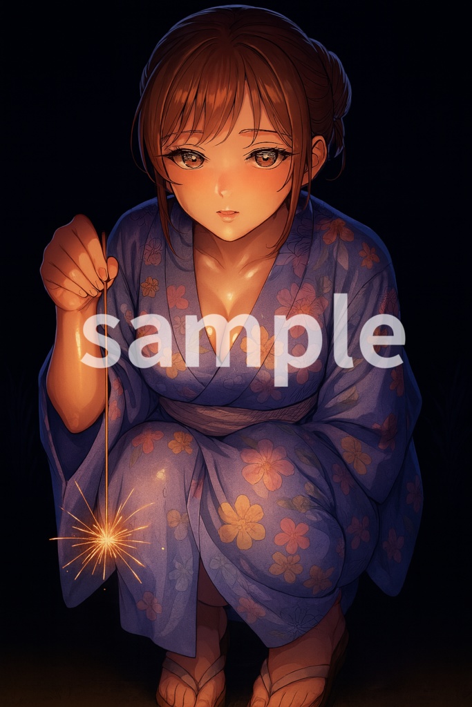 香花火と浴衣の女性 - 夏夜の幻想美 Vol.001-青（デジタルアート PNG）