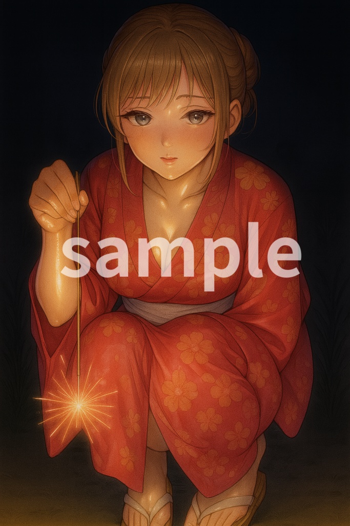 線香花火と浴衣の女性 - 夏夜の幻想美 Vol.001－赤（デジタルアート PNG）