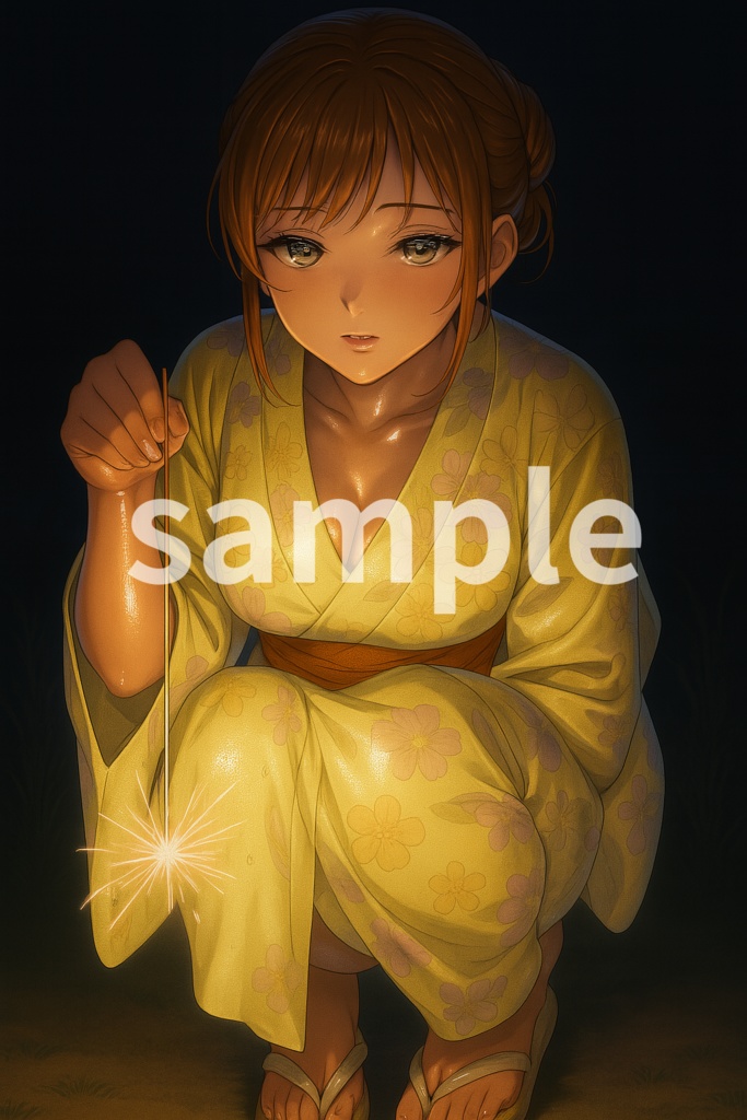 線香花火と浴衣の女性 - 夏夜の幻想美 Vol.001-黄（デジタルアート PNG）
