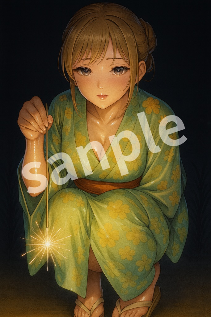 線香花火と浴衣の女性 - 夏夜の幻想美 Vol.001-緑(デジタルアート PNG)