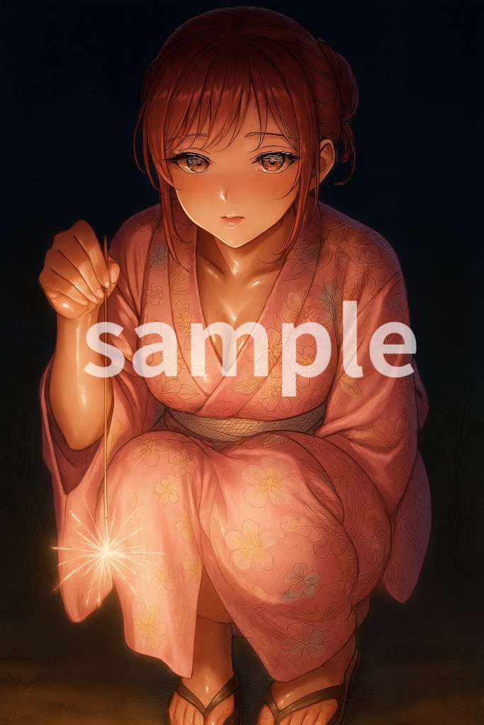 線香花火と浴衣の女性 - 夏夜の幻想美 Vol.001-桃（デジタルアート PNG）