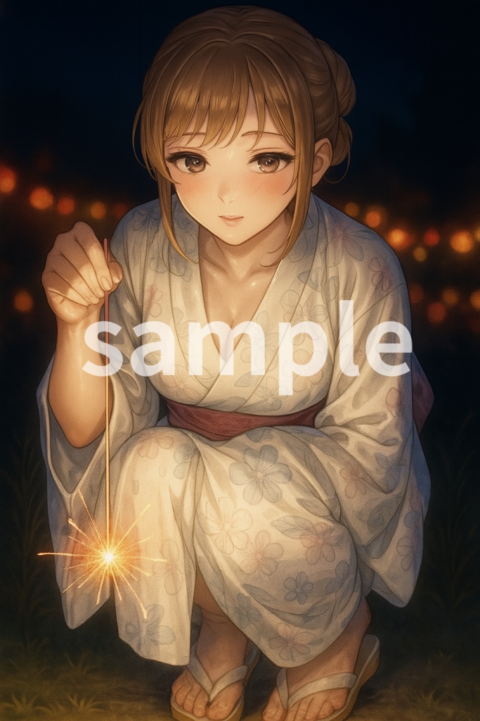 線香花火と浴衣の女性 - 夏夜の幻想美 Vol.001-白（デジタルアート PNG）