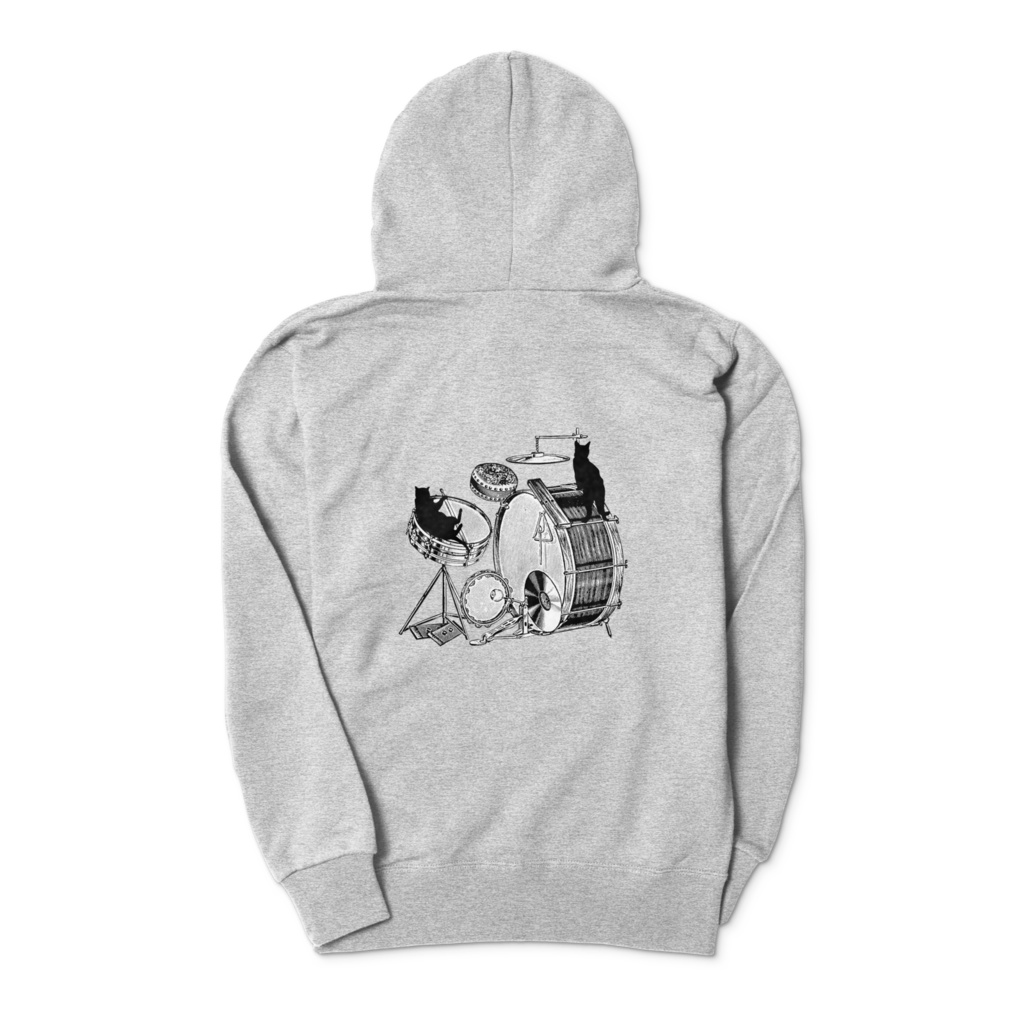 ドラムと黒猫のジップパーカー