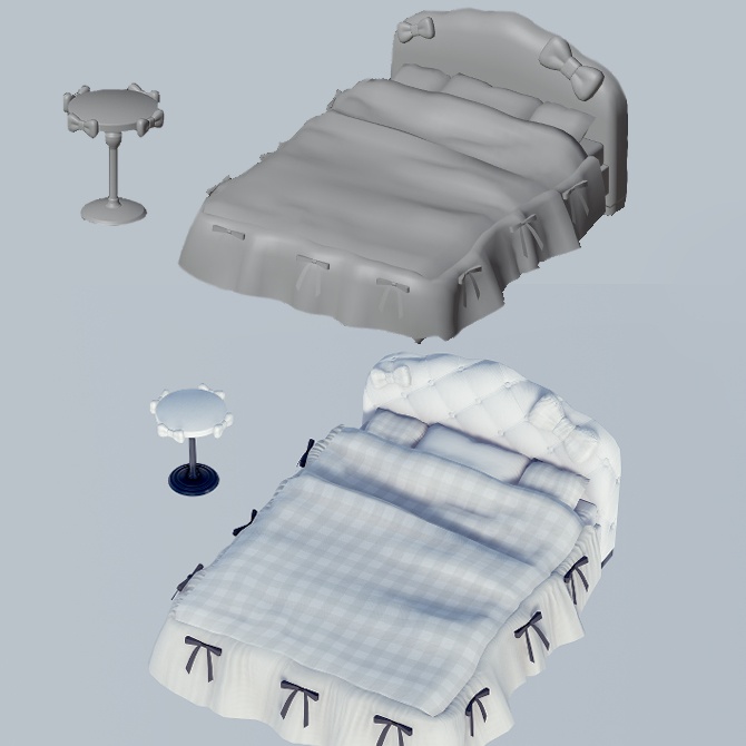 リボンのベッド&サイドテーブルセット