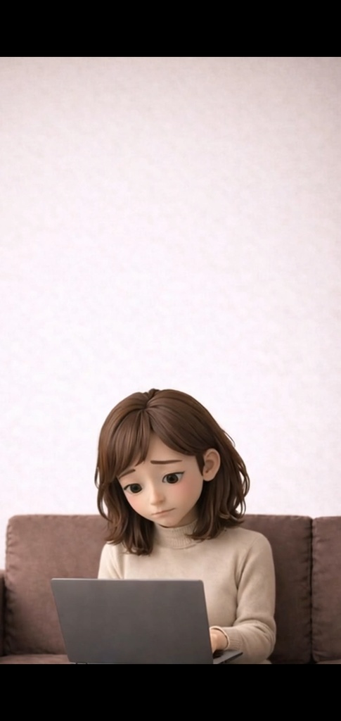 悩む女性 ノートパソコン|5秒ループ動画|広告・SNS素材・上部余白あり(縦素材)