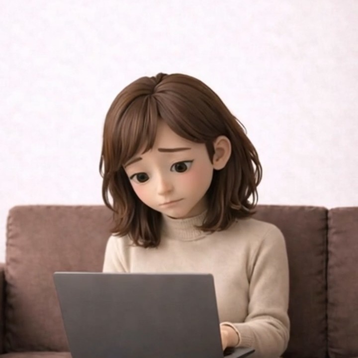 悩む女性 ノートパソコン｜5秒ループ動画｜広告・SNS素材・上部余白あり(縦素材)