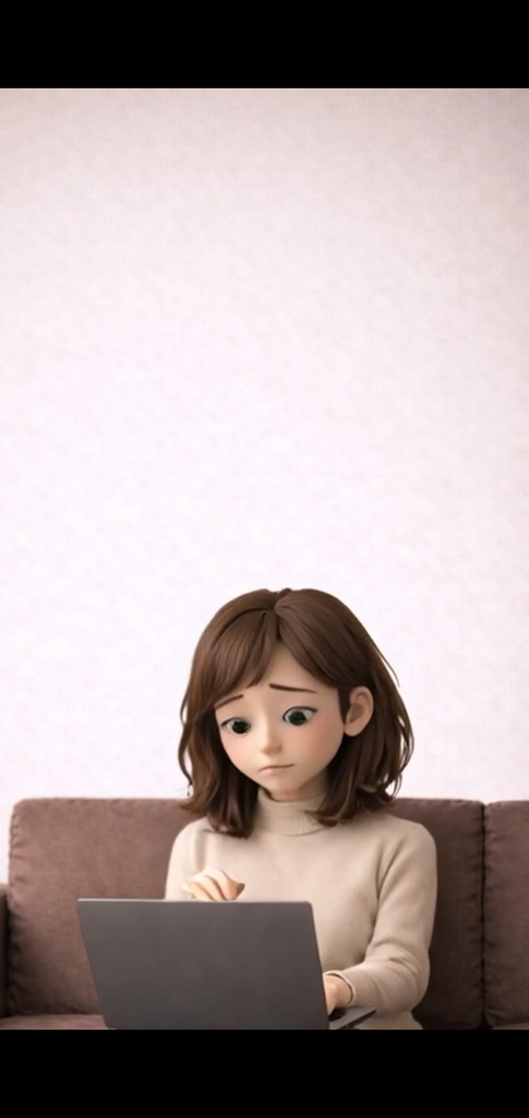 悩む女性 ノートパソコン|5秒ループ動画|広告・SNS素材・上部余白あり(縦素材)
