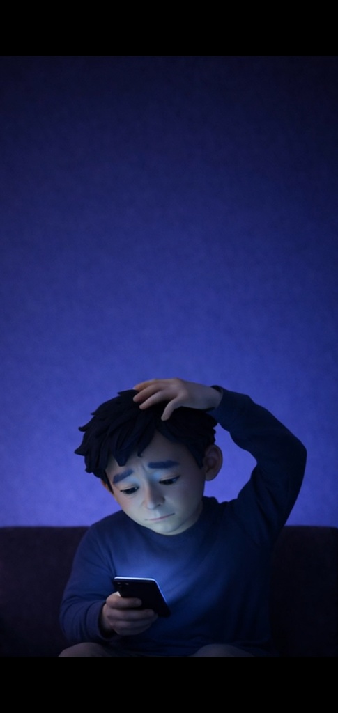 夜|悩む男性 スマホ|5秒ループ動画|広告・SNS素材・上部余白あり(縦素材)