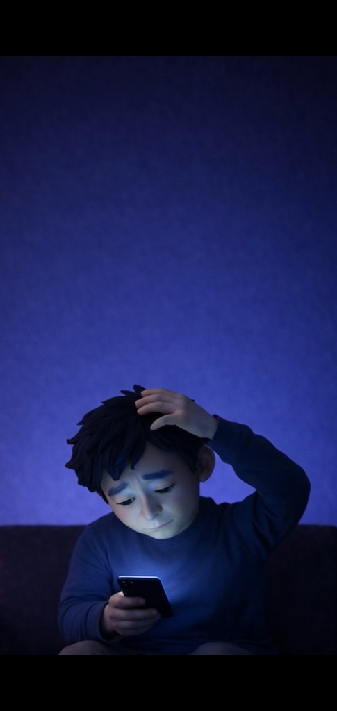 夜|悩む男性 スマホ|5秒ループ動画|広告・SNS素材・上部余白あり(縦素材)