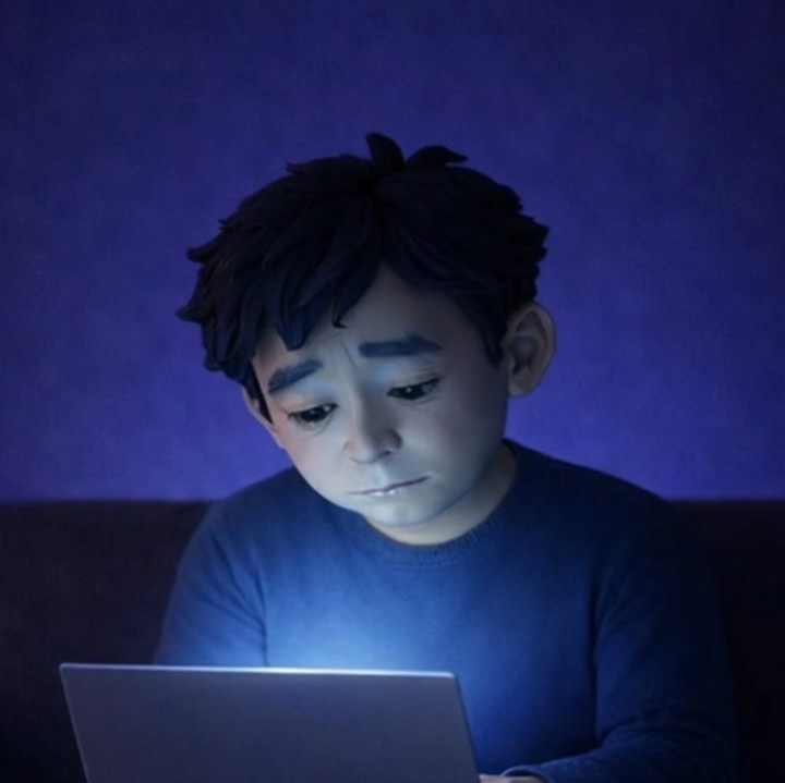 夜｜悩む男性　ノートパソコン｜5秒ループ動画｜広告・SNS素材・上部余白あり(縦素材)