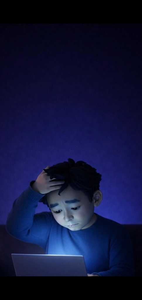 夜|悩む男性 ノートパソコン|5秒ループ動画|広告・SNS素材・上部余白あり(縦素材)