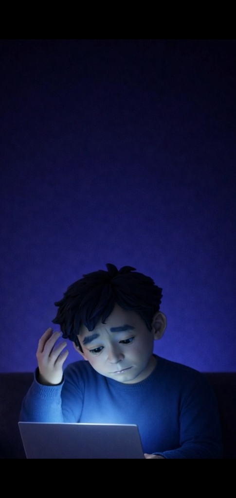 夜|悩む男性 ノートパソコン|5秒ループ動画|広告・SNS素材・上部余白あり(縦素材)