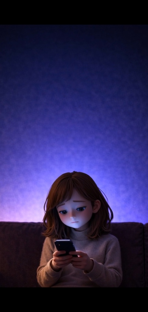 夜|悩む女性 スマホ|5秒ループ動画|広告・SNS素材・上部余白あり(縦素材)