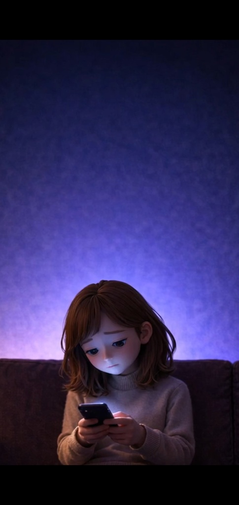 夜|悩む女性 スマホ|5秒ループ動画|広告・SNS素材・上部余白あり(縦素材)