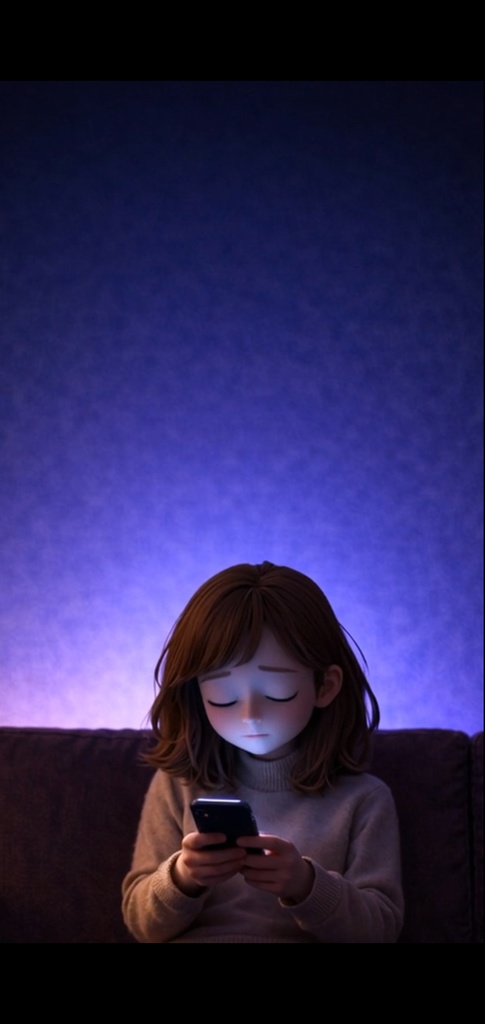 夜|悩む女性 スマホ|5秒ループ動画|広告・SNS素材・上部余白あり(縦素材)