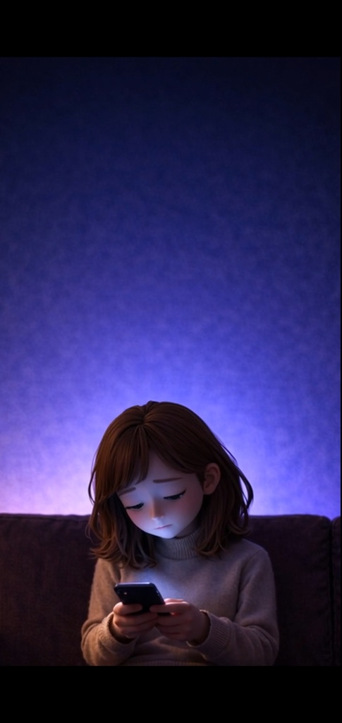 夜|悩む女性 スマホ|5秒ループ動画|広告・SNS素材・上部余白あり(縦素材)