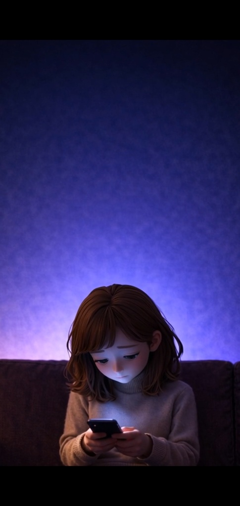 夜|悩む女性 スマホ|5秒ループ動画|広告・SNS素材・上部余白あり(縦素材)