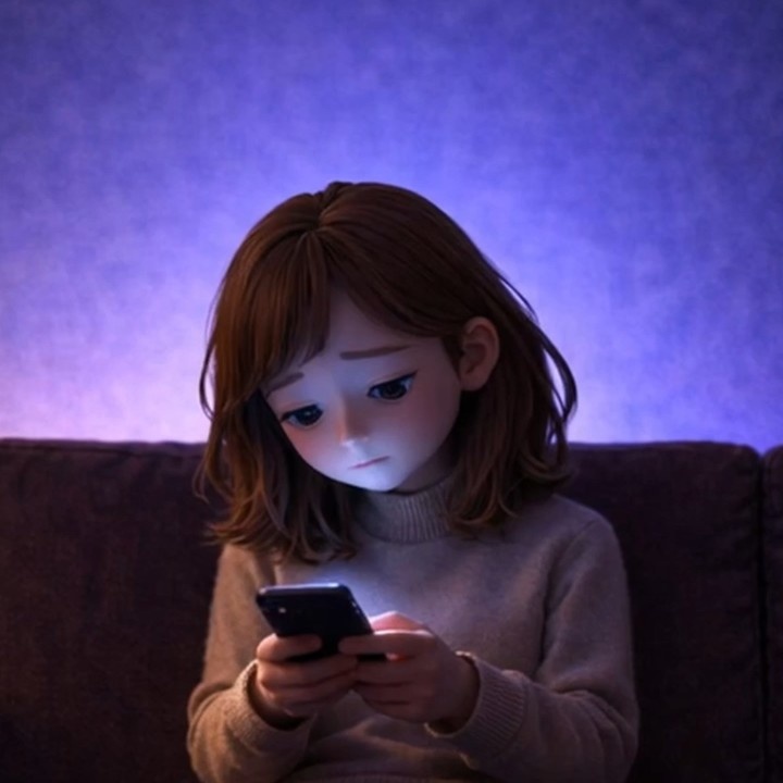 夜｜悩む女性　スマホ｜5秒ループ動画｜広告・SNS素材・上部余白あり(縦素材)