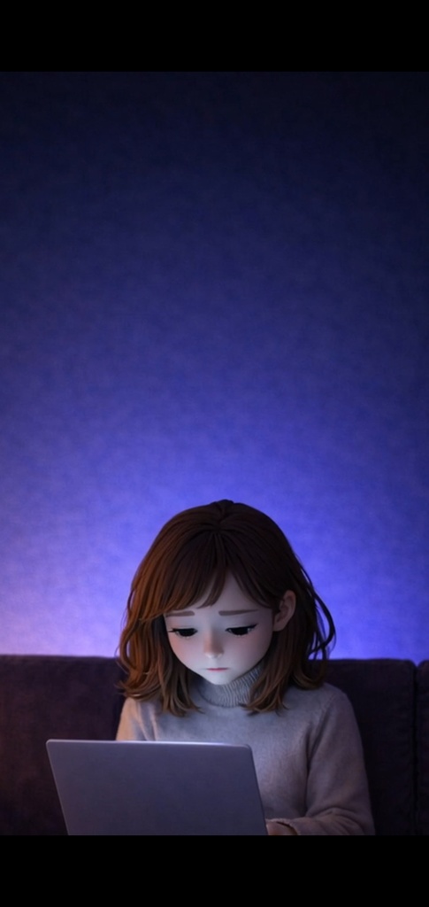 夜|悩む女性 ノートパソコン|5秒ループ動画|広告・SNS素材・上部余白あり(縦素材)