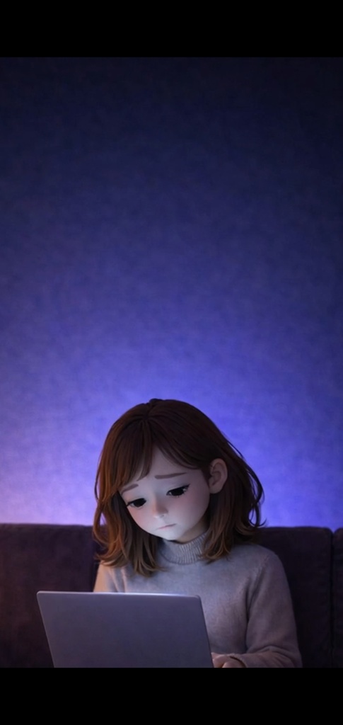 夜|悩む女性 ノートパソコン|5秒ループ動画|広告・SNS素材・上部余白あり(縦素材)