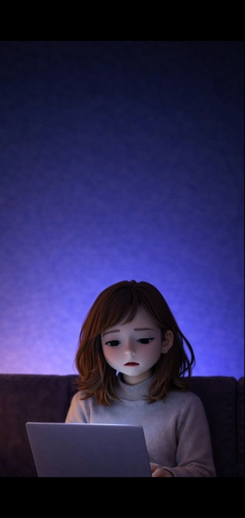 夜|悩む女性 ノートパソコン|5秒ループ動画|広告・SNS素材・上部余白あり(縦素材)