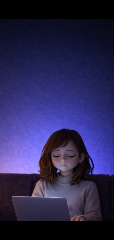 夜|悩む女性 ノートパソコン|5秒ループ動画|広告・SNS素材・上部余白あり(縦素材)