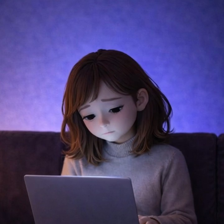 夜｜悩む女性　ノートパソコン｜5秒ループ動画｜広告・SNS素材・上部余白あり(縦素材)