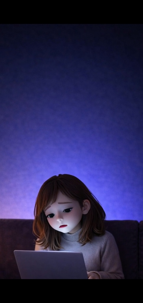 夜|悩む女性 ノートパソコン|5秒ループ動画|広告・SNS素材・上部余白あり(縦素材)