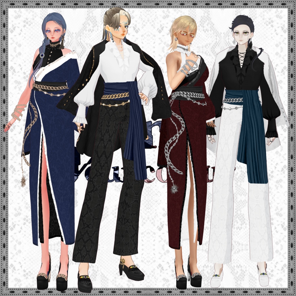 【VRoid衣装】肩かけジャケット&着物風ドレス蛇柄ペアコーデ -Snakish mafia-