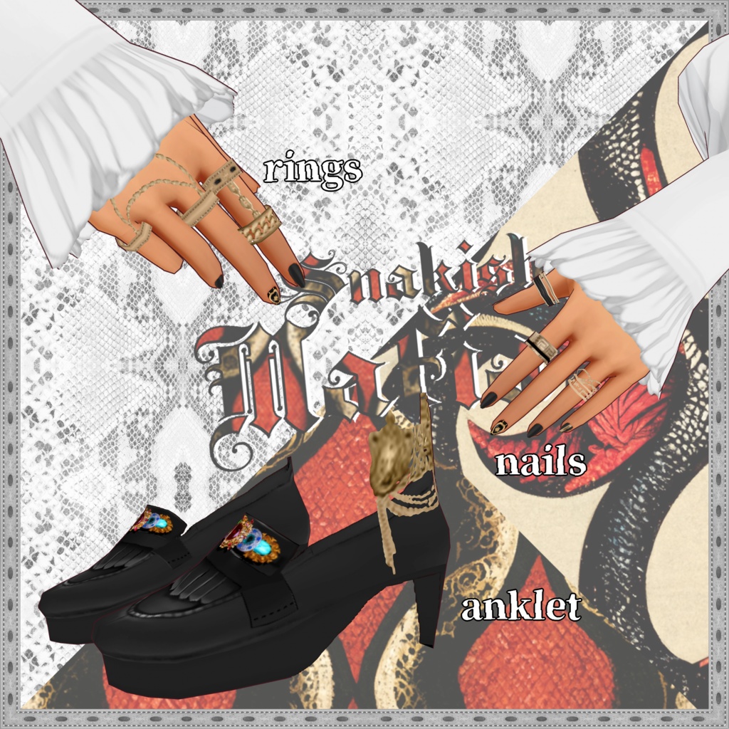 【VRoid衣装】肩かけジャケット&着物風ドレス蛇柄ペアコーデ -Snakish mafia-