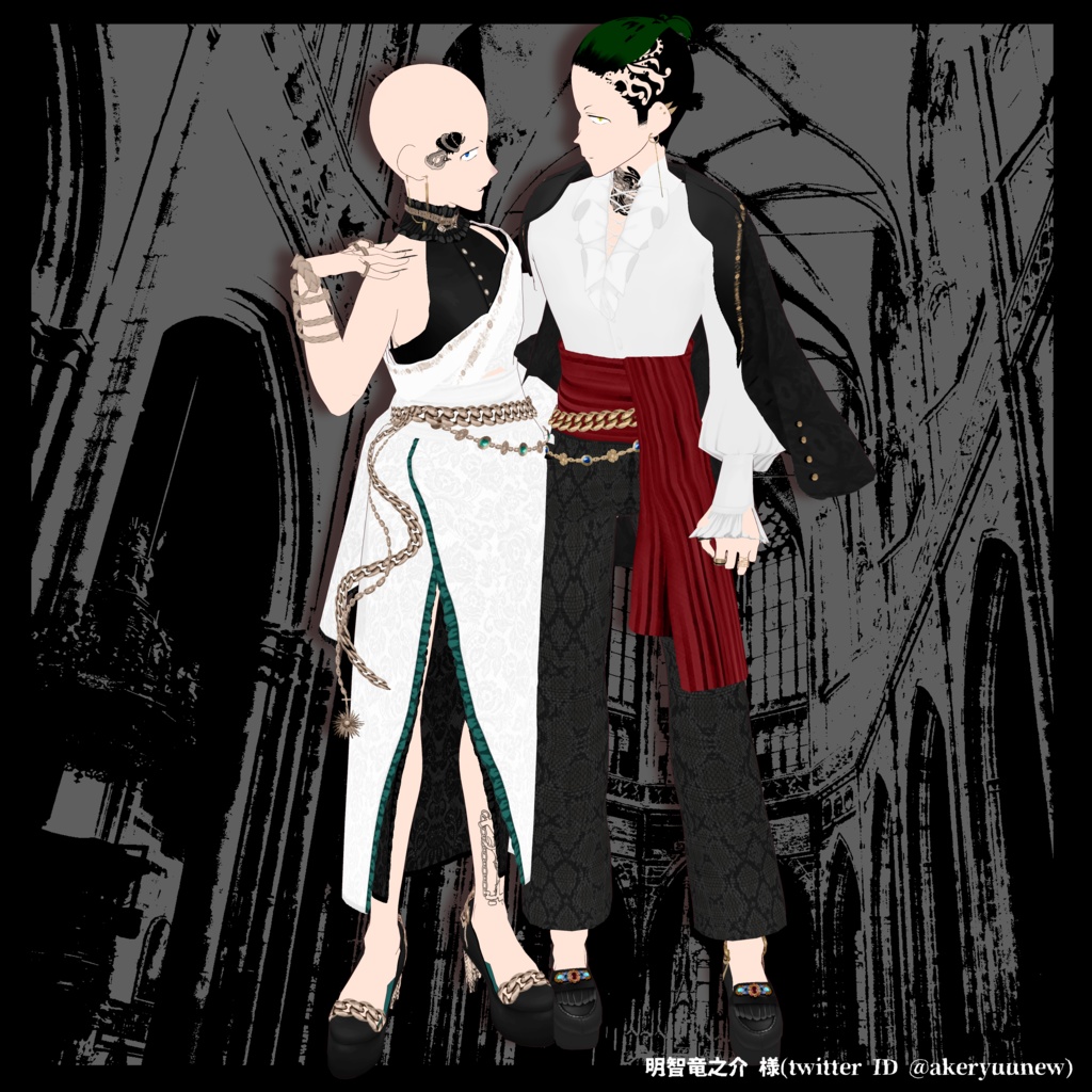 【VRoid衣装】肩かけジャケット&着物風ドレス蛇柄ペアコーデ -Snakish mafia-