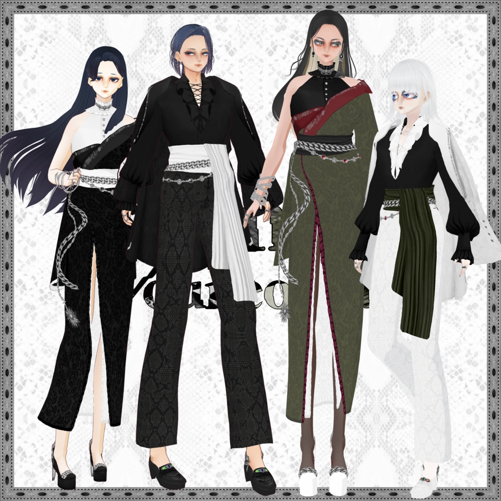 【VRoid衣装】肩かけジャケット&着物風ドレス蛇柄ペアコーデ -Snakish mafia-