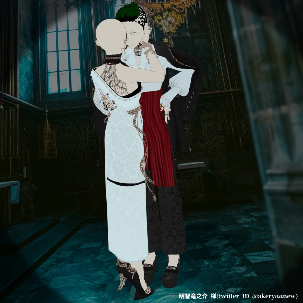 【VRoid衣装】肩かけジャケット&着物風ドレス蛇柄ペアコーデ -Snakish mafia-