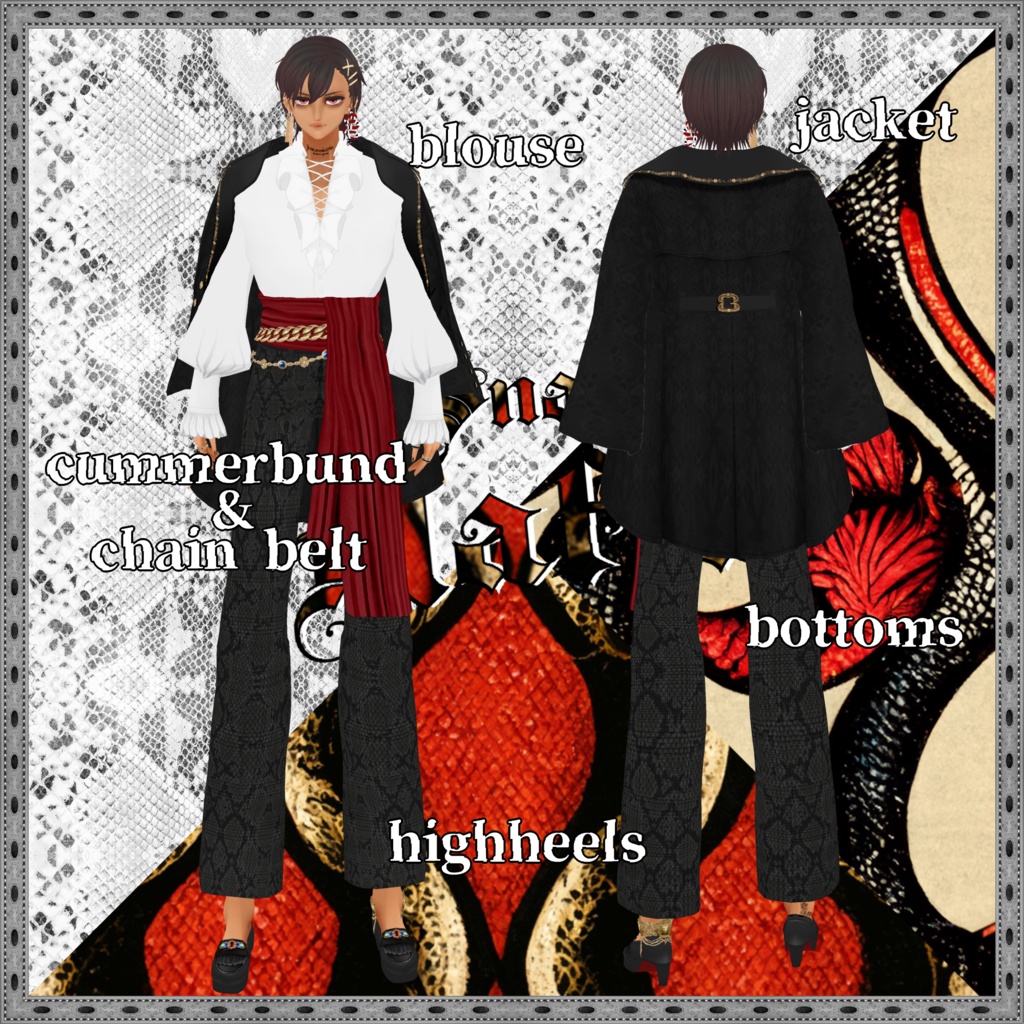 【VRoid衣装】肩かけジャケット&着物風ドレス蛇柄ペアコーデ -Snakish mafia-