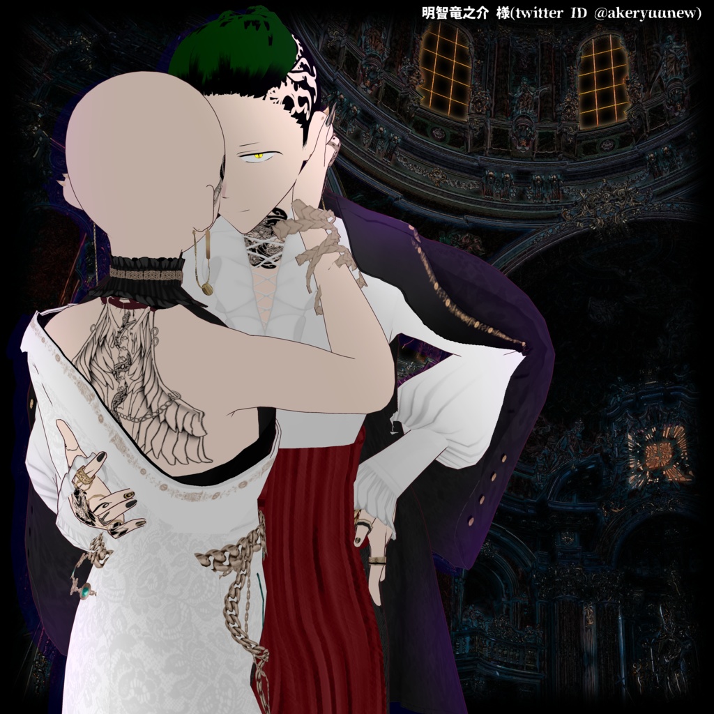 【VRoid衣装】肩かけジャケット&着物風ドレス蛇柄ペアコーデ -Snakish mafia-