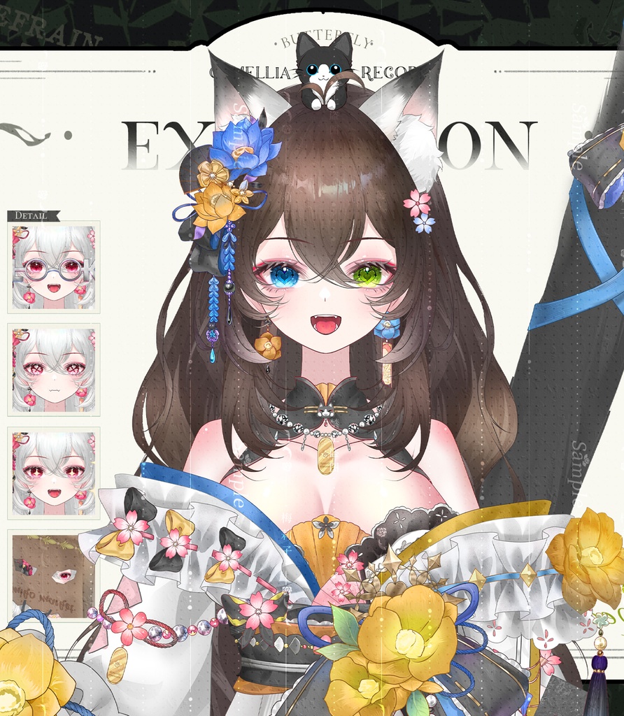 【Live2D Model/live2dモデル】💖白黒猫〜花丸(はなまる)~💖25万円クラスの高精密モデル、80点以上の可愛い画像特典付き原稿 可愛さにちょっぴり色気を添えた猫娘 2配色・年齢サイズ変化・大量ボタン差分