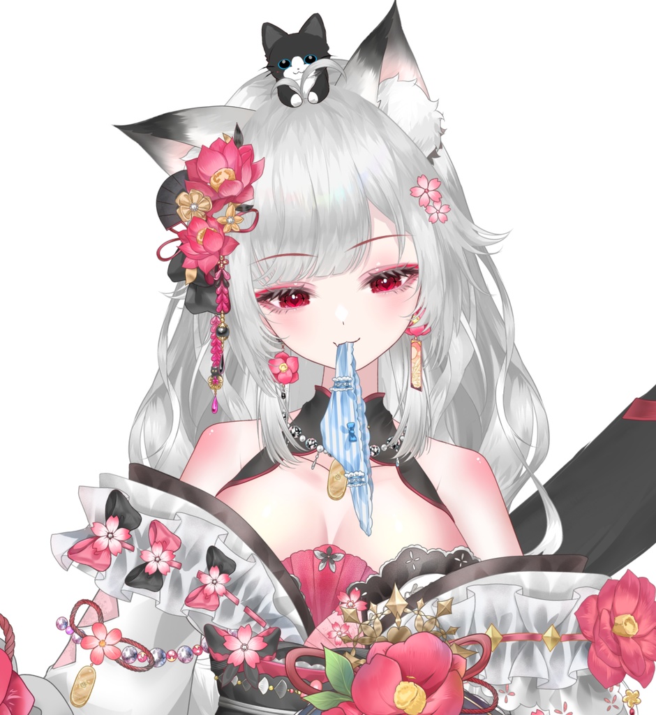 【Live2D Model/live2dモデル】💖白黒猫〜花丸(はなまる)~💖25万円クラスの高精密モデル、80点以上の可愛い画像特典付き原稿 可愛さにちょっぴり色気を添えた猫娘 2配色・年齢サイズ変化・大量ボタン差分
