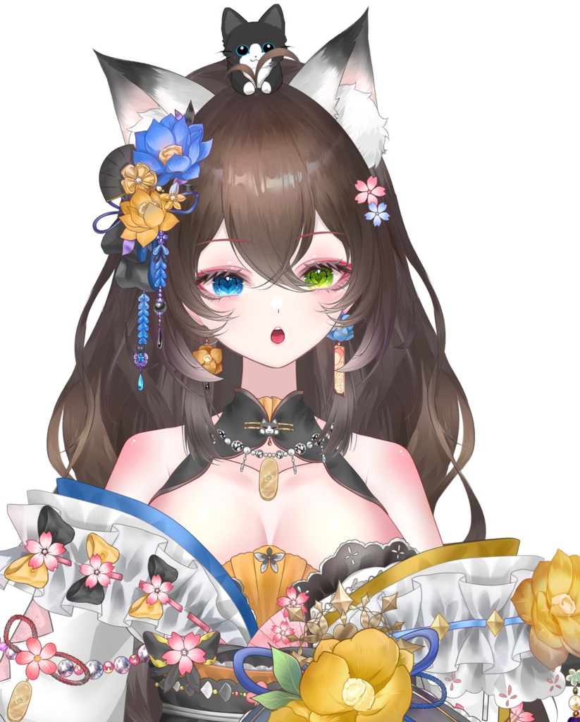 【Live2D Model/live2dモデル】💖白黒猫〜花丸(はなまる)~💖25万円クラスの高精密モデル、80点以上の可愛い画像特典付き原稿 可愛さにちょっぴり色気を添えた猫娘 2配色・年齢サイズ変化・大量ボタン差分